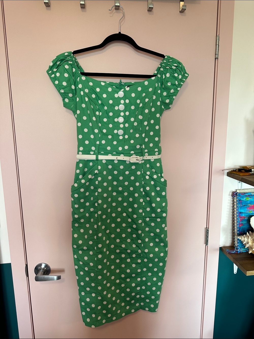 Collectif Green Polka Dot Cap-Sleeve Sheath Dress Small
